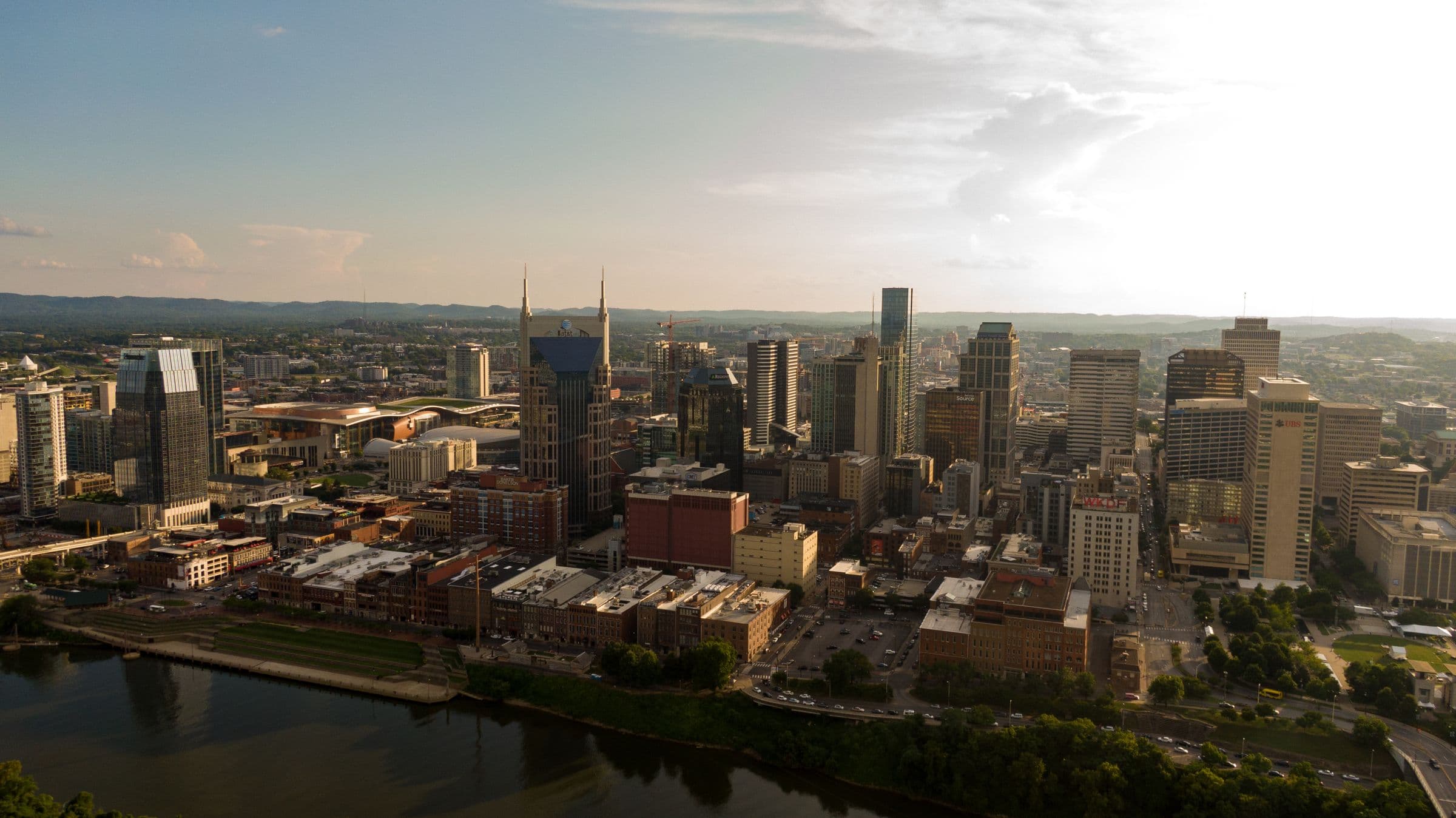 An aerial view of the Nashville skyline along the Cumberland River
